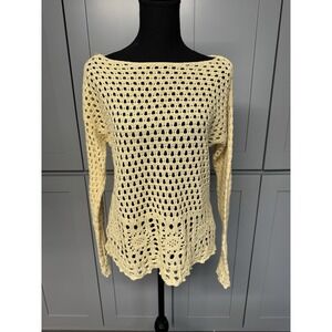 Jeanne Pierre sweater Large Open Knit Pullover Boho‎ Yellow Cottagecore beach